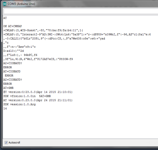 Arduino serial monitor showing ESP8266 AT command responses and errors